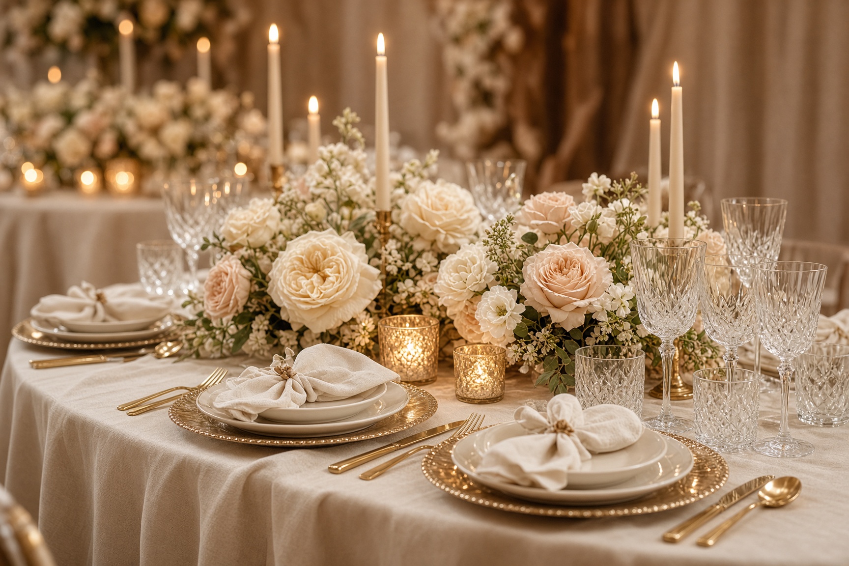 An intimate celebration tablescape with cream roses and candlelight