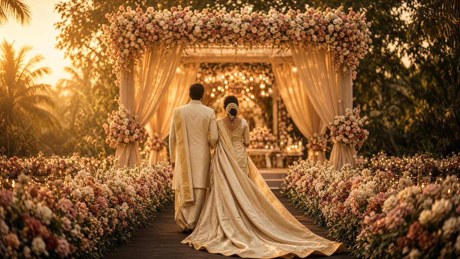 A couple walking toward a floral wedding mandap at golden hour