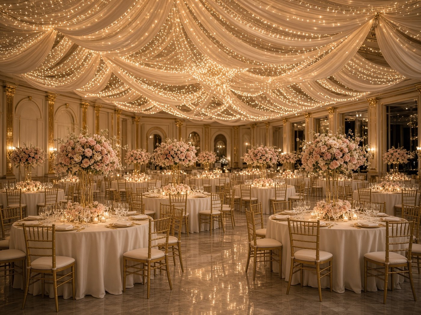Banquet hall with round tables, tall centerpieces and ceiling lights