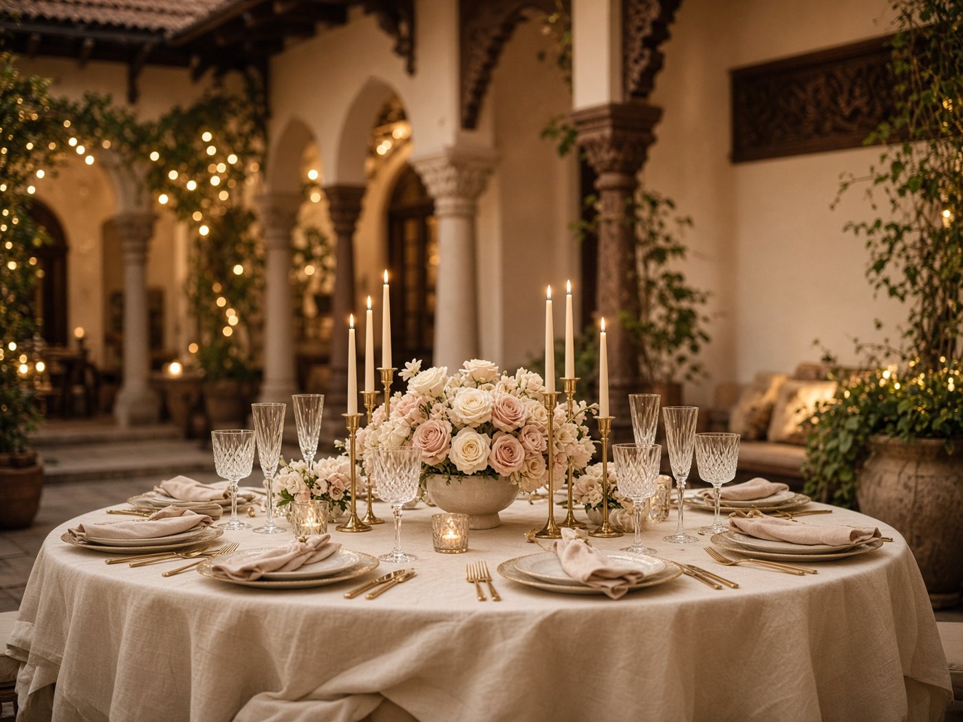 Candlelit table with cream roses and a floral backdrop
