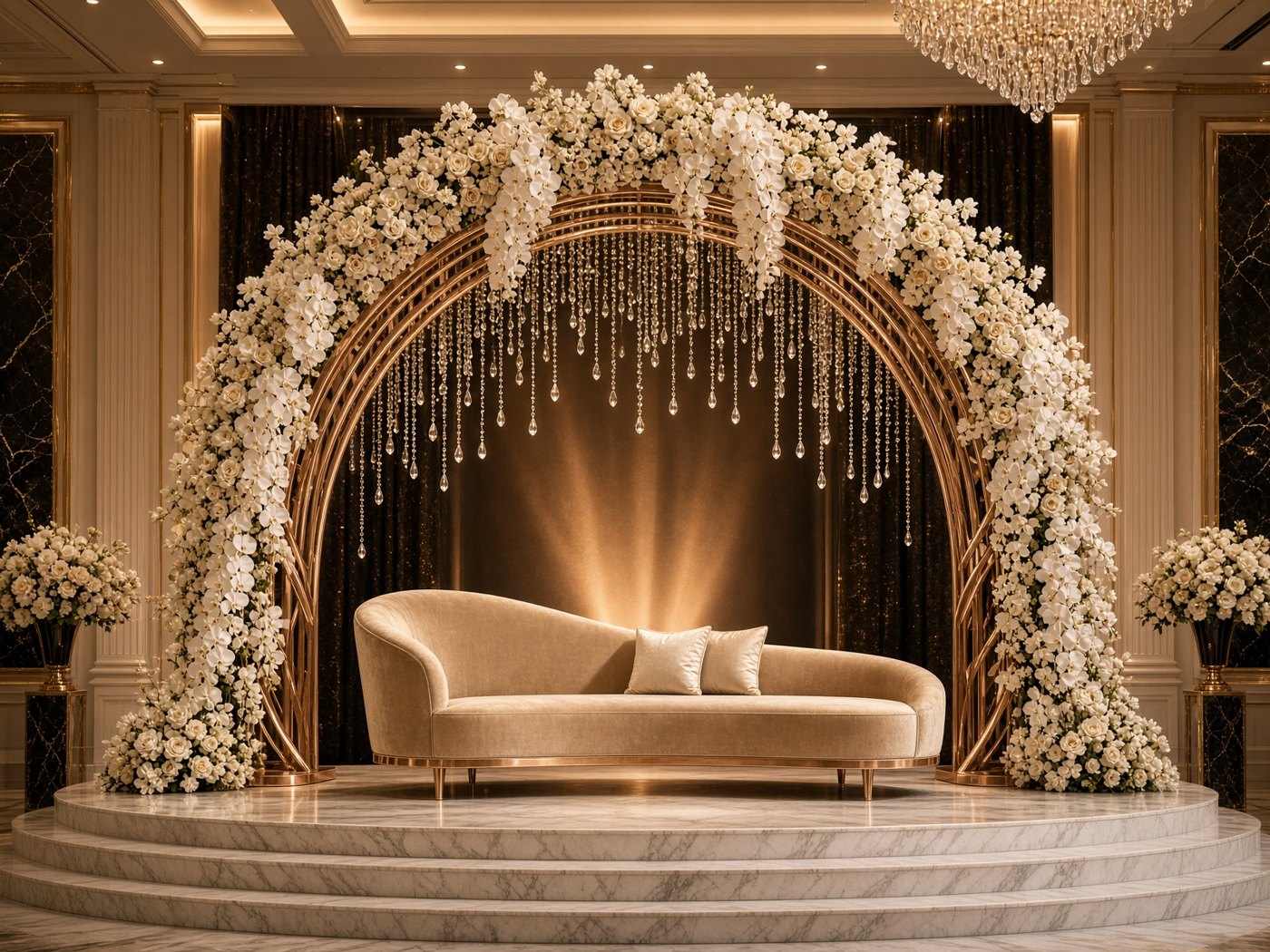 Luxury floral stage with rose-gold arch and champagne chaise